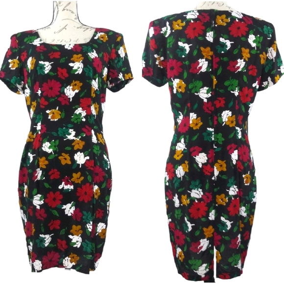 Vintage 80s All That Jazz Floral Print Wiggle Dress - Picture 3 of 7